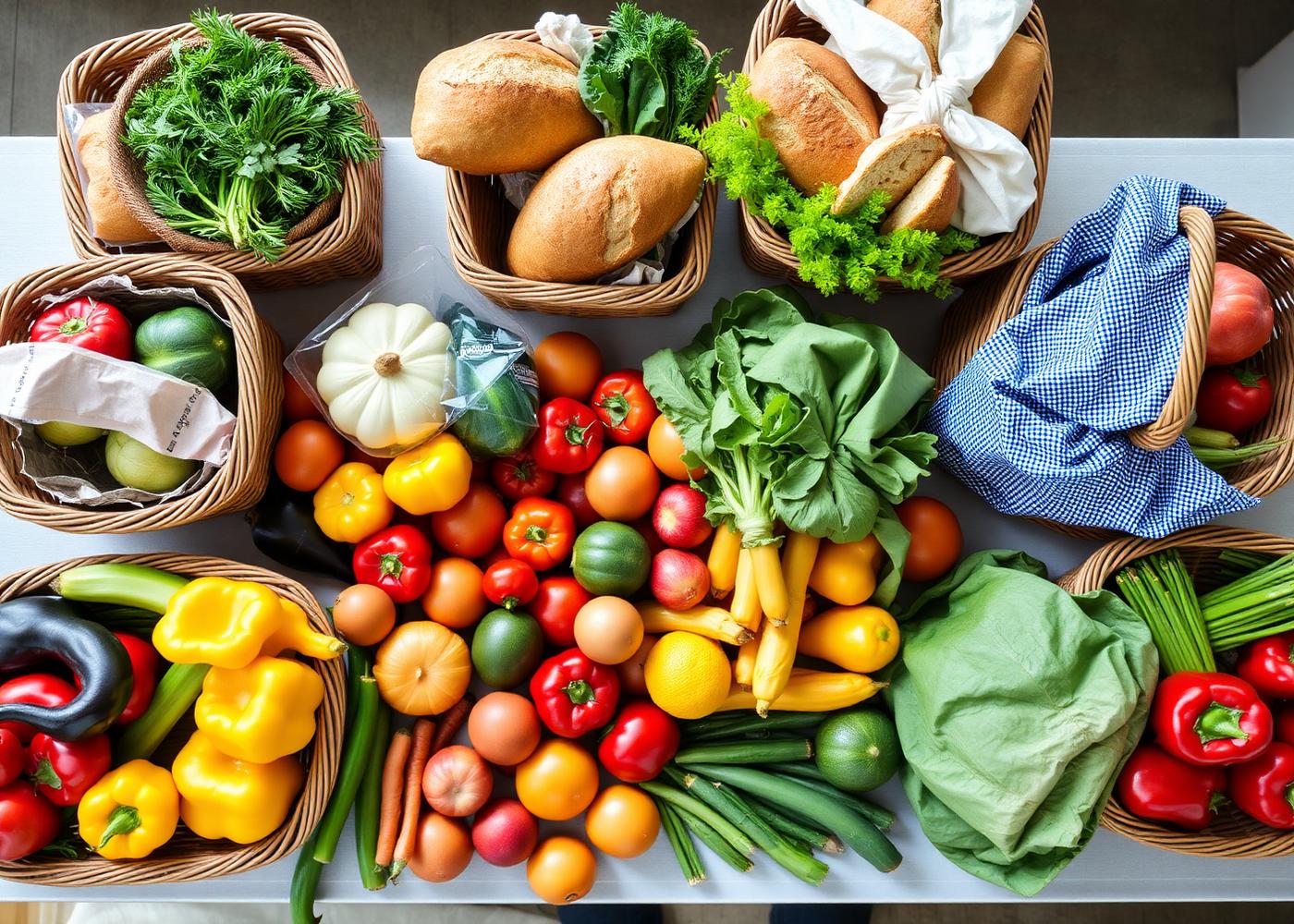 Fresh produce and bread packed into hampers